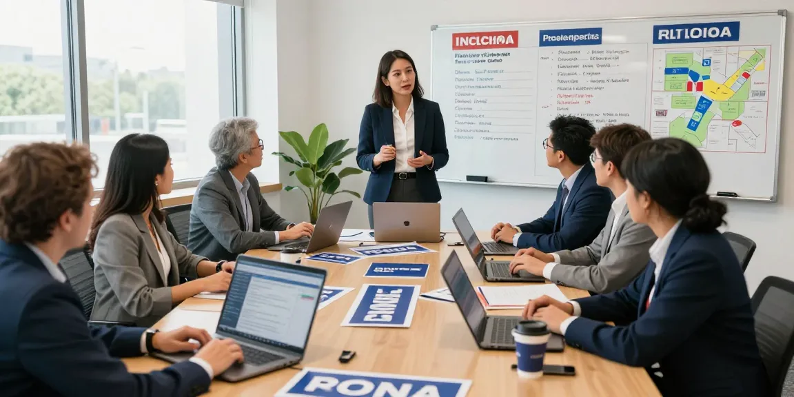 Team strategizing with reverse SEO services for political campaigns in a modern office.