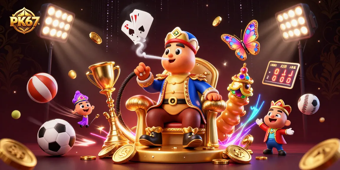 Engage in the vibrant world of PK67 with a dynamic 3D casino-themed illustration.