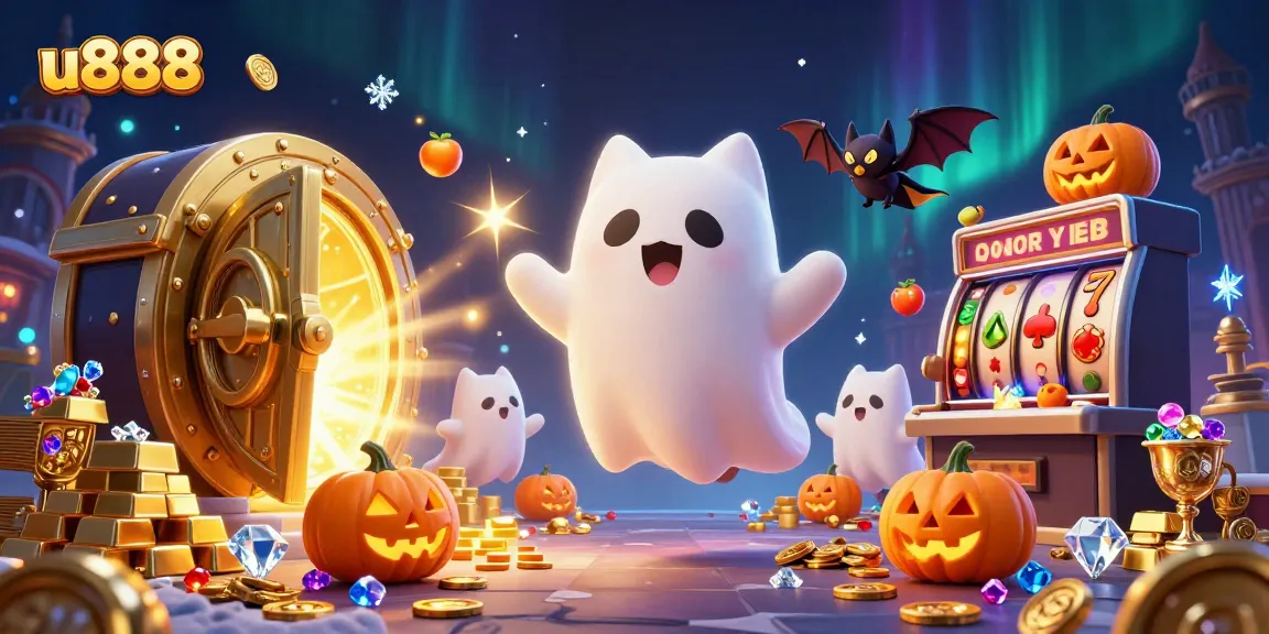 Play at u888 with a friendly ghost cat exploring a haunted casino filled with slot games and treasures.