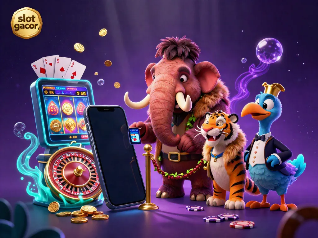 Experience the excitement of slot gacor games with dynamic characters and vibrant gaming elements in a rich casino scene.