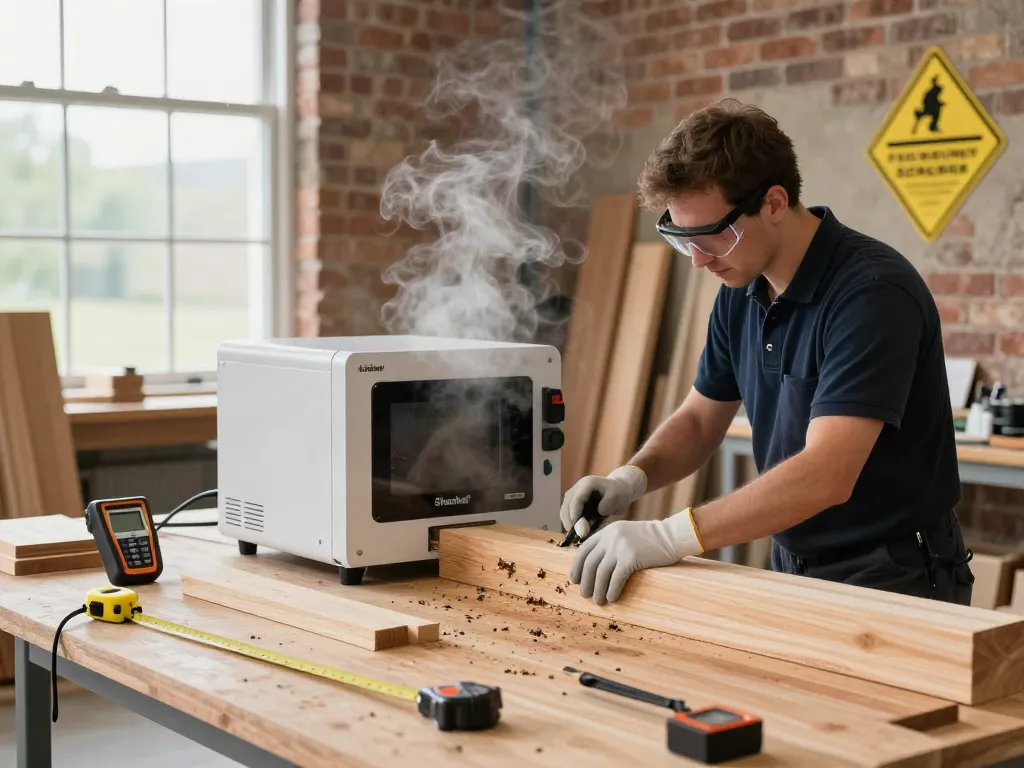 Shashel® microwave device effectively treating wood for wood-boring insects in a professional workspace.