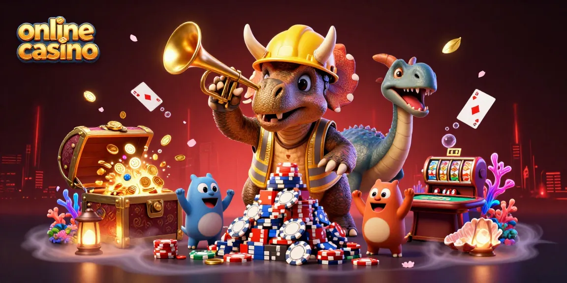Celebrate wins with an online casino theme featuring a playful triceratops and poker chips.
