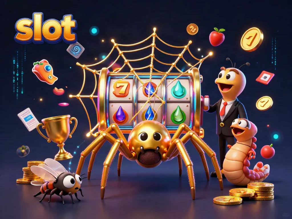 Slot simbol dan reel berputar dengan laba-laba emas dan pemilik taruhan di kasino.