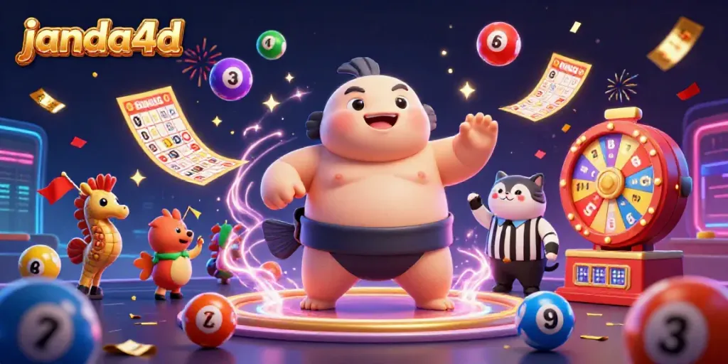 Permainan lotere di JANDA4D menampilkan fugu 3D sebagai karakter utama dalam suasana penuh warna dan energi.