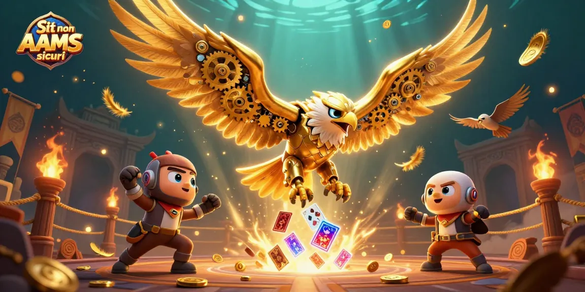 Illustrazione dettagliata di Siti non AAMS sicuri con un'aquila cybernetica e carte da gioco volanti in un ambiente vibrante.