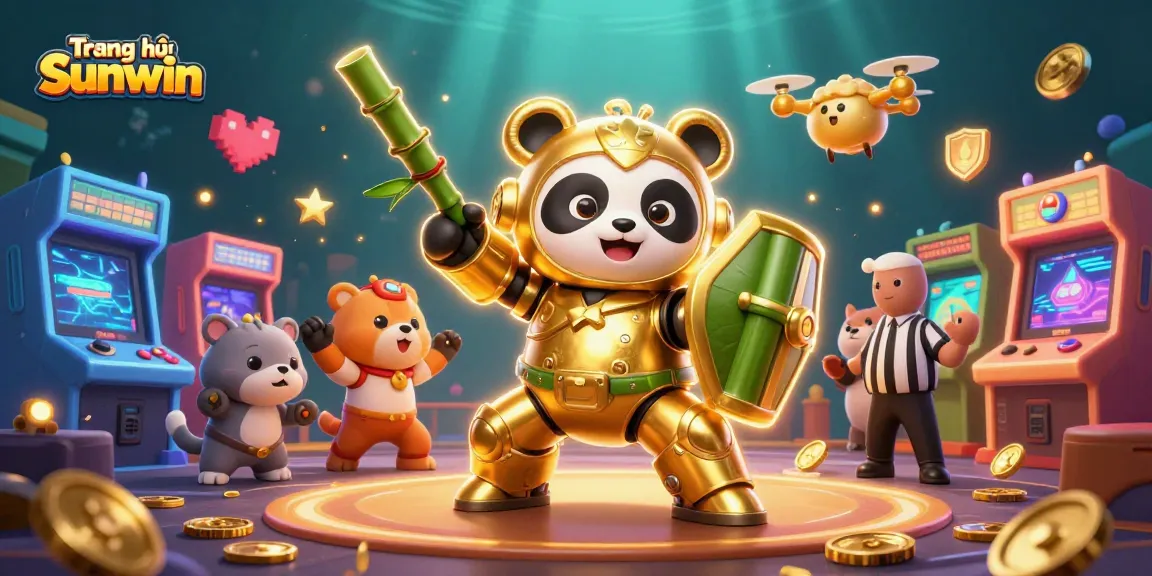 Experience the dynamic action of Trang chủ Sunwin with a colorful 3D illustration featuring a mech-suit panda and arcade elements.