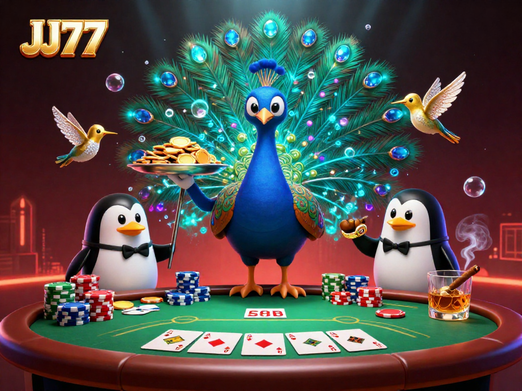 JJ77 showcases vibrant casino action with a royal peacock and playful characters boosting the poker scene