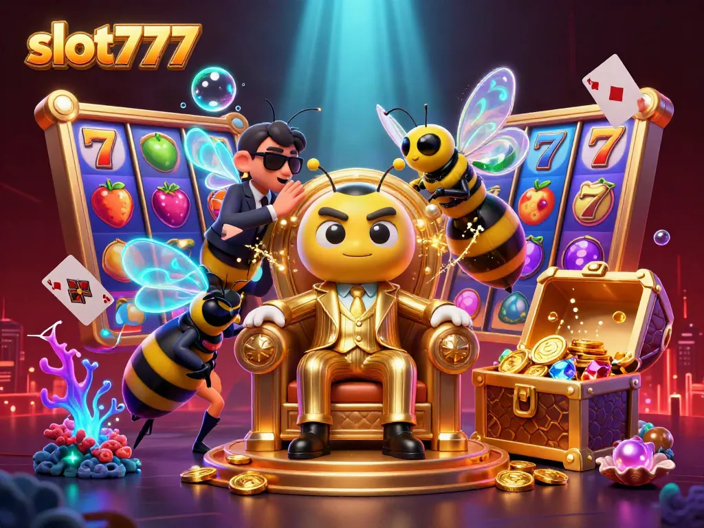 Slot777 menampilkan ilustrasi 3D lucu dengan karakter unik dan elemen slot yang mendebarkan di latar belakang kota.