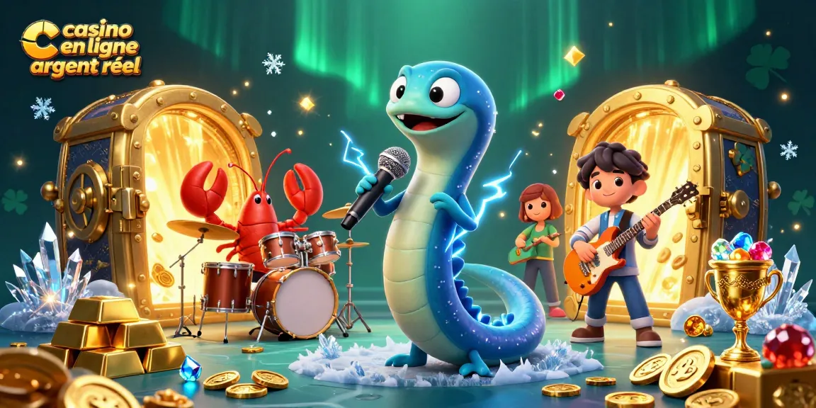Profitez d'une scène animée avec l'eel DJ évoquant le casino en ligne argent réel entouré de trésors et de lumières scintillantes.