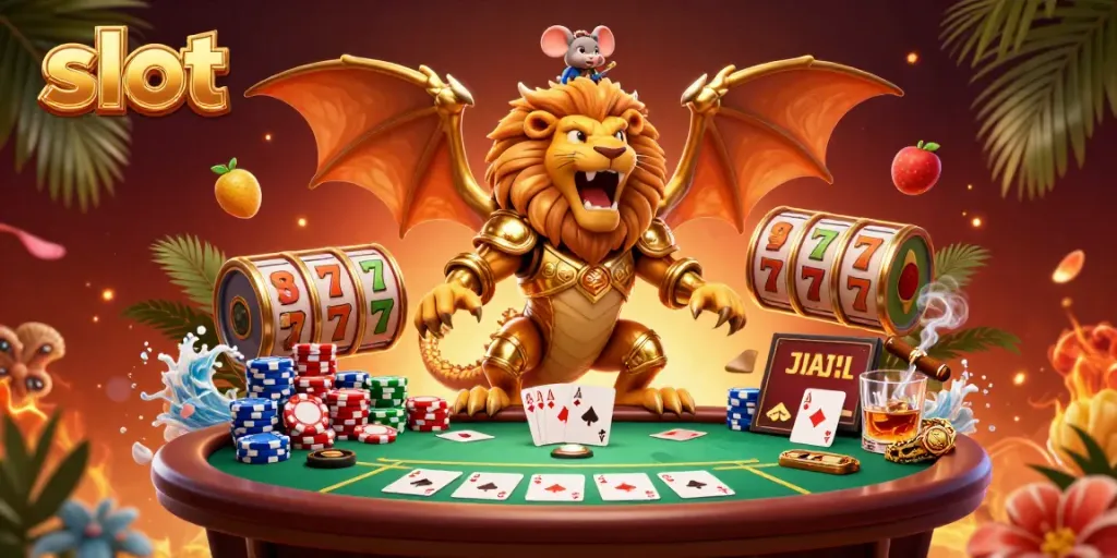 Engage with slot gaming elements featuring a golden chimera creature and poker elements in this vibrant illustration.