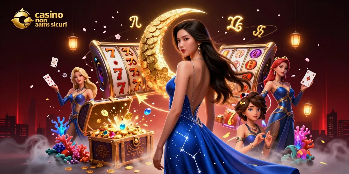 Vivi l'emozione dei casinò non AAMS sicuri con un'illustrazione 3D riccamente dettagliata che mostra simboli di slot lucky e l'eccitazione del jackpot.