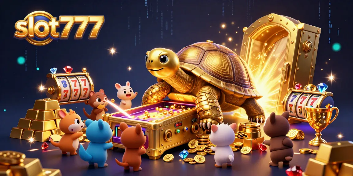 Play thrilling slot777 games in a vibrant, dynamic 3D illustration of a golden tortoise and treasure.