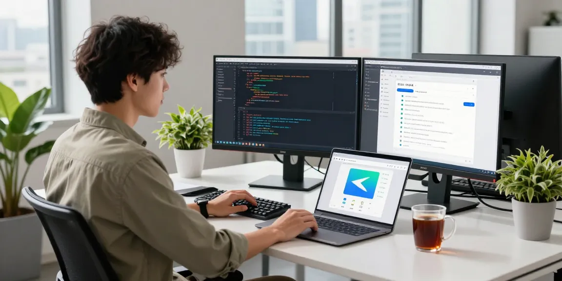 Developer using the 纸飞机中文版 app in a modern tech workspace, showcasing productivity and innovation.