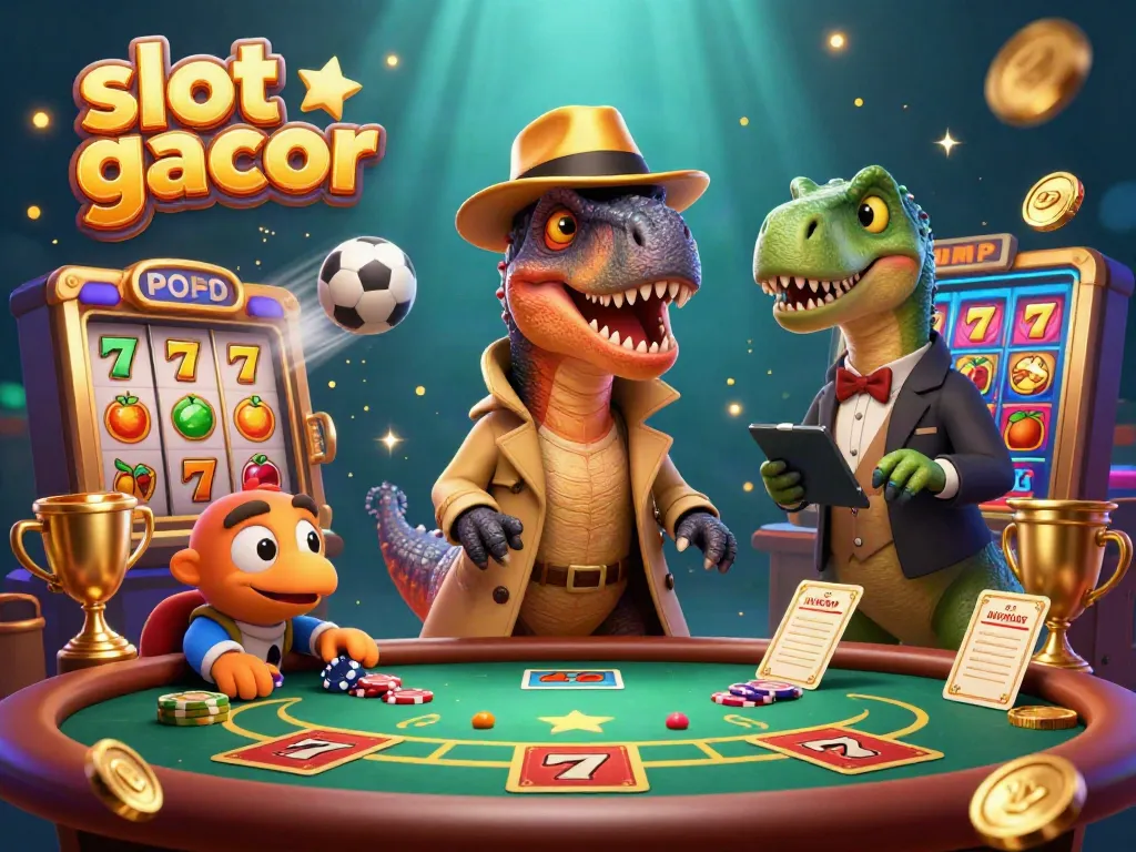 Experience the thrill of slot gacor games with a cartoon velociraptor at a blackjack table surrounded by dynamic gaming elements.