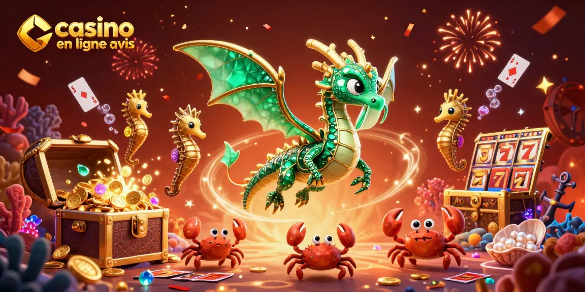 Évaluez les avis sur les casinos en ligne avec ce dragon maritime scintillant et des éléments de jeu.