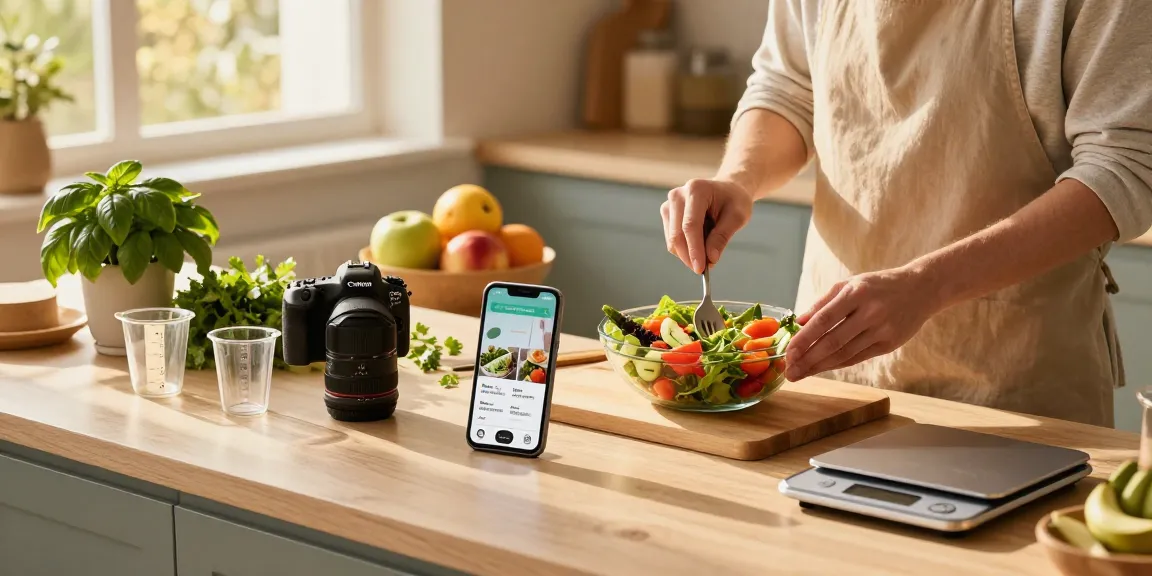 Home cook preparing healthy salad in kitchen showcasing best food tracking apps for meal logging.