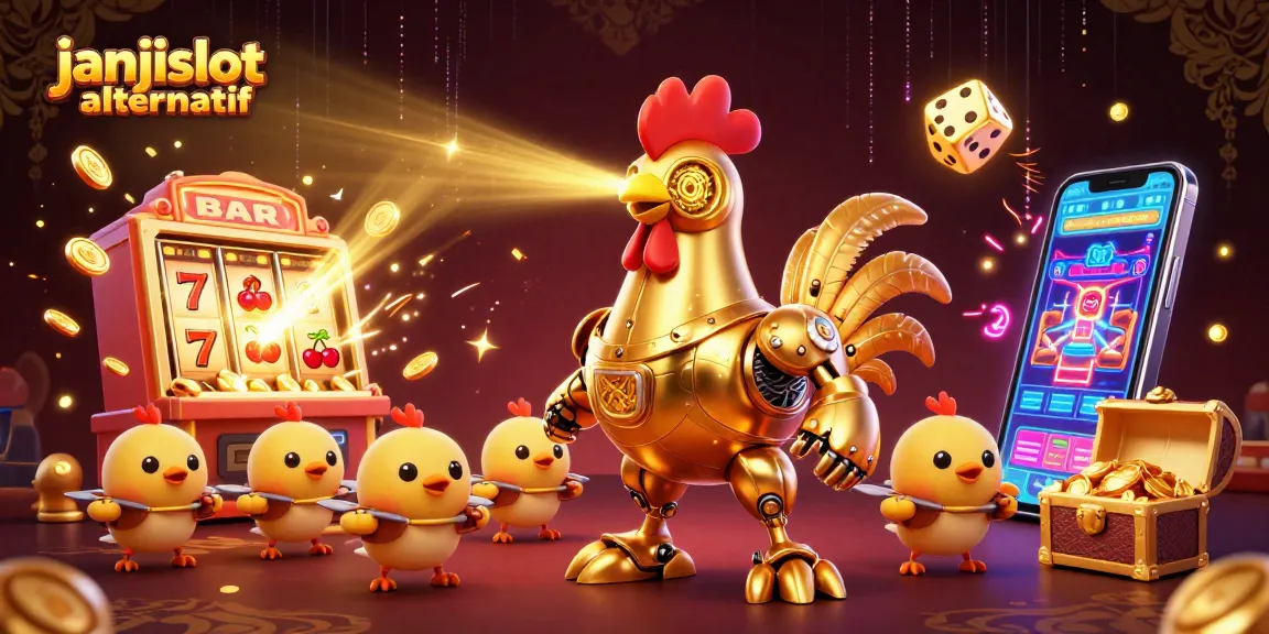Engage in the fun of janjislot alternatif with a vibrant 3D casino illustration showcasing thrilling slot action.