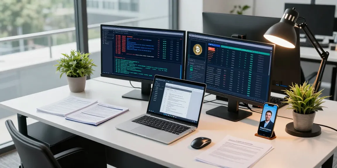 Crypto scam prevention analysis in a modern office with dual monitors and crypto recovery tools