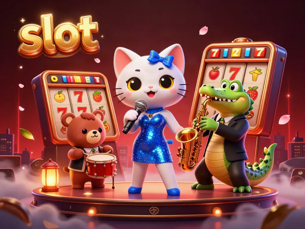 Experience the thrill of slots with a vibrant scene featuring a jazz-singer cat and gaming elements.