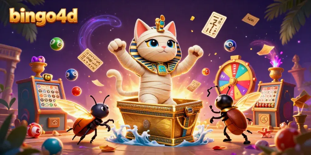 Bermain bingo4d dengan karakter mumi kucing dan efek lotere yang menggembirakan.