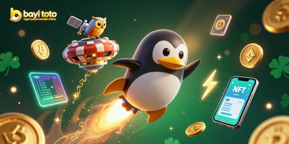 Bayi toto togel pusat bandar togel online illustration of a penguin in space with casino elements, showcasing vibrant and dynamic gambling themes.