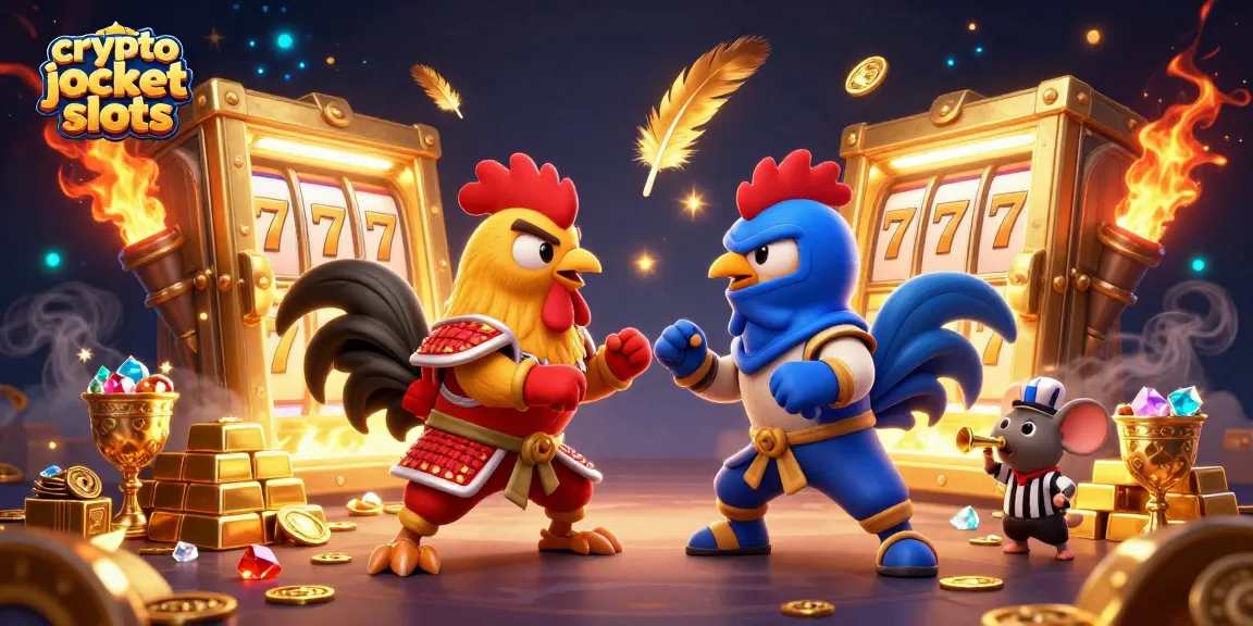 Experience thrilling crypto jackpot slots with 3D fighting roosters in a vibrant, detailed casino scene.