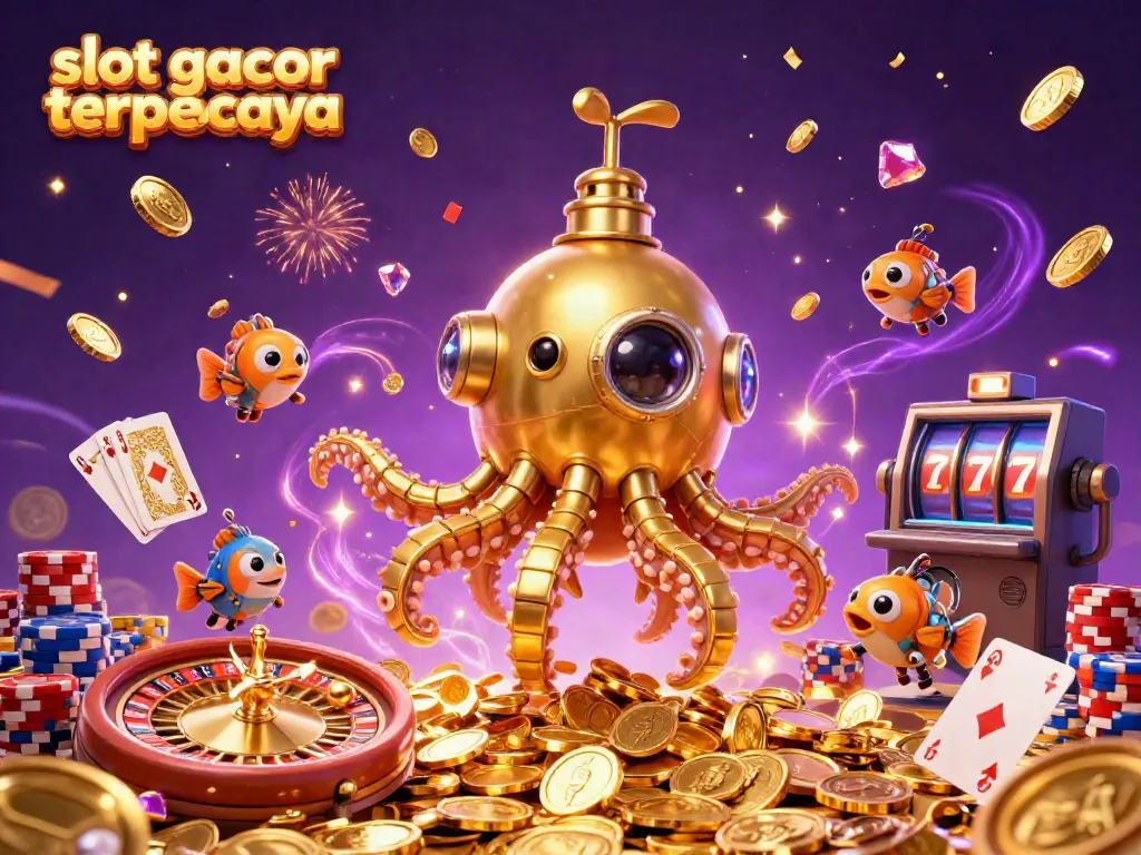 Gambaran slot gacor terpercaya dengan kraken emas dan koin berkilauan dalam suasana pesta kasino