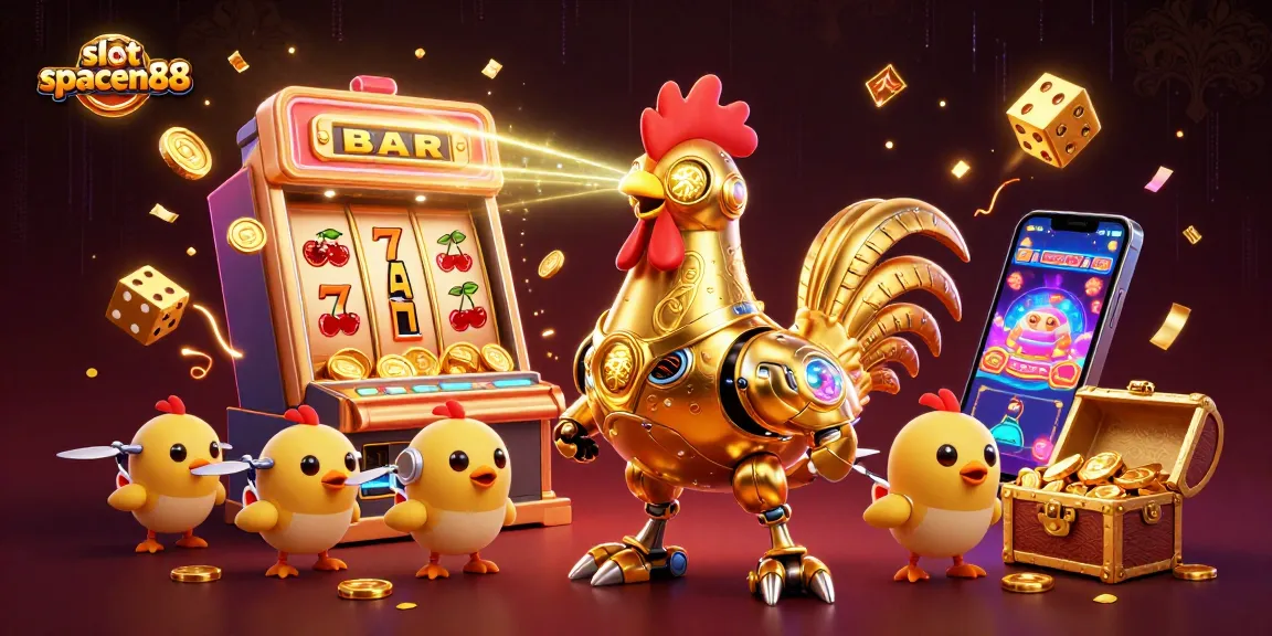 Engage with the action in slot spaceman88 featuring a dynamic golden rooster robot and thrilling jackpot!