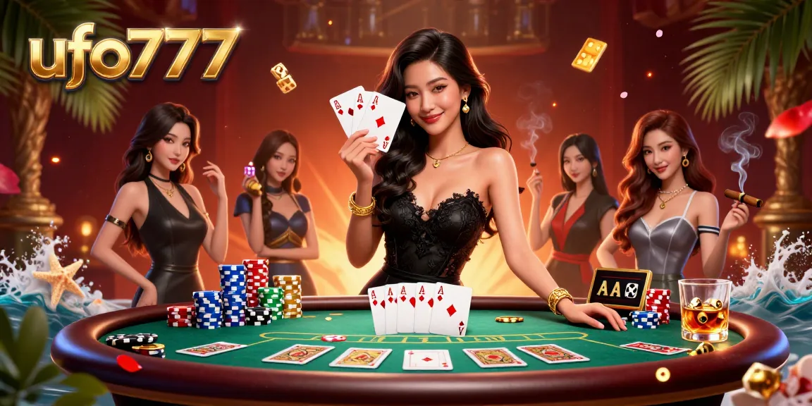 Experience exciting gaming with ufo777 featuring a stunning dealer at a vibrant casino table.