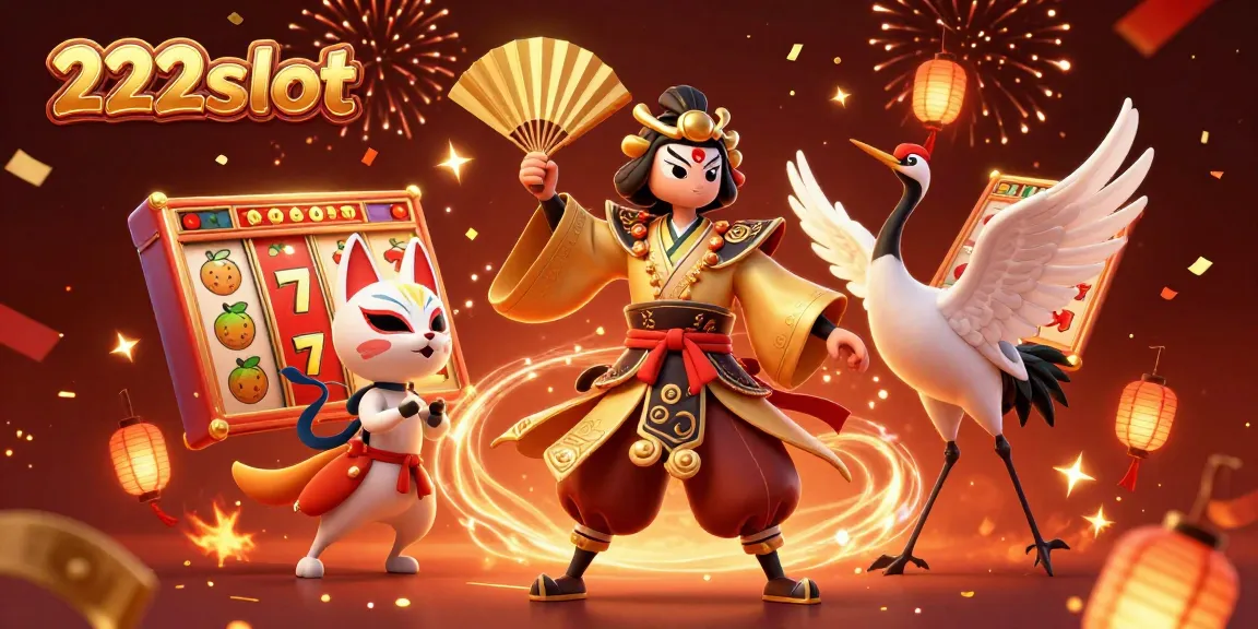 Menginformasikan kemenangan pemain di 222slot melalui ilustrasi permainan slot yang meriah dan berwarna.