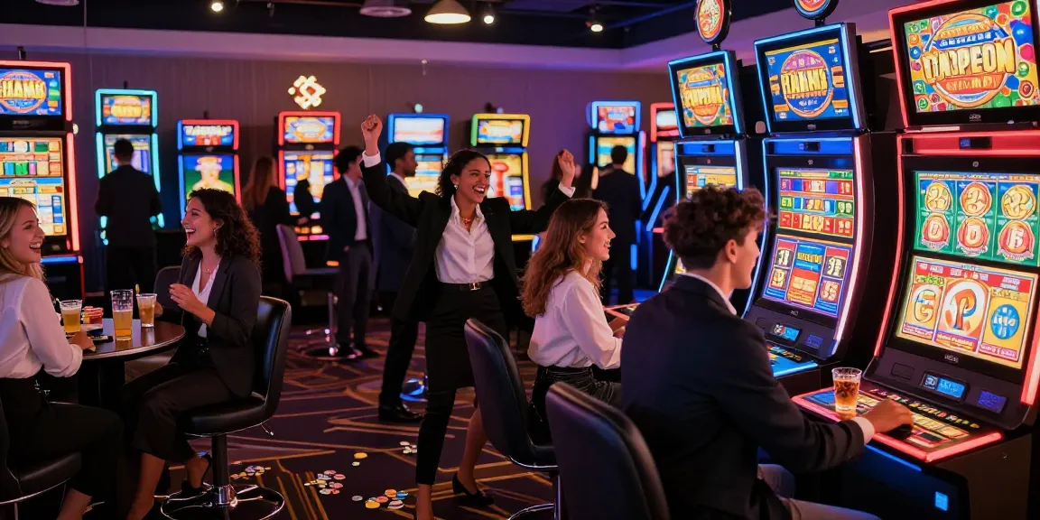 Excited players enjoying slot games in a vibrant casino atmosphere.