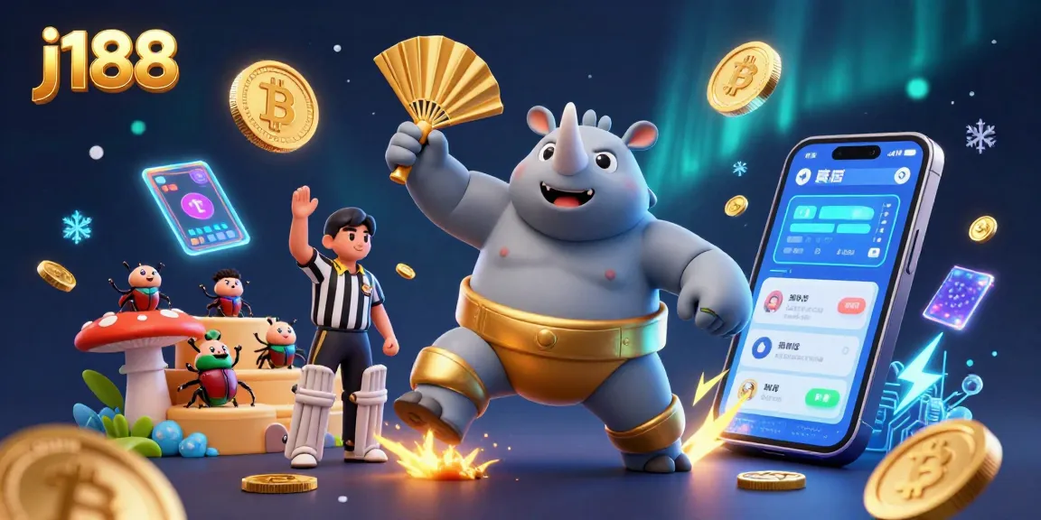Engage in exciting j188 gaming with a vibrant scene of a rhinoceros beetle champion and crypto coins.