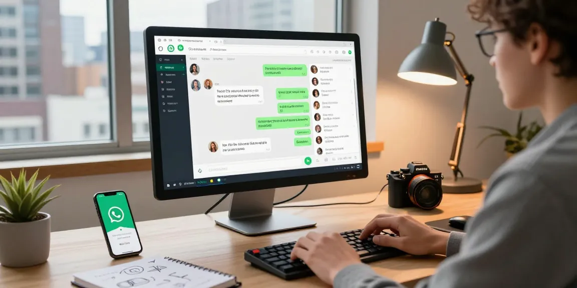 Professional using WhatsApp網頁版 on a sleek desktop, engaged in lively conversations, showcasing a modern workspace.