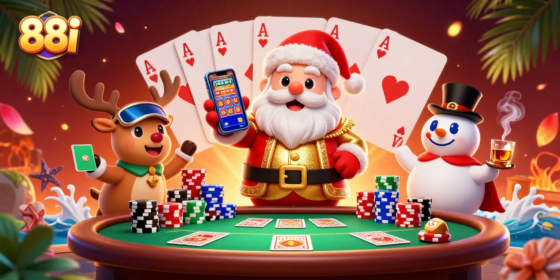 Experience thrilling gaming moments at 88i with a vibrant casino scene featuring Santa Claus and friends.