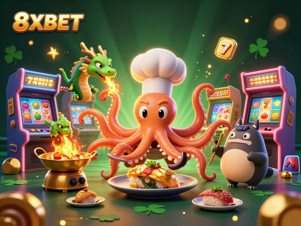 Experience engaging gameplay with 8XBET's vibrant casino-themed 3D illustration showcasing dynamic characters.