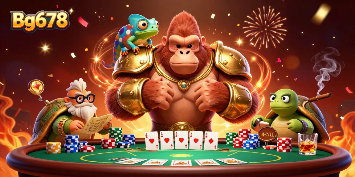 Engage with Bg678 as the gorilla king celebrates a poker win surrounded by vibrant gaming elements.