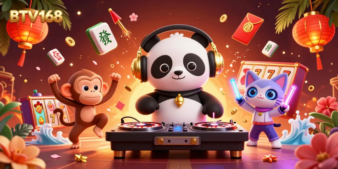 BTV168 showcases a vibrant 3D scene with a DJ panda, breakdancing monkey, and glowing kitten celebrating luck and winnings.
