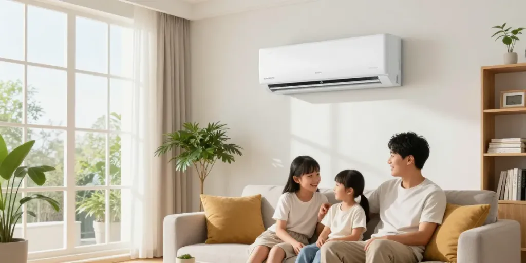 Stylish living room showcasing a 12000 BTU mini split air conditioning unit with a family enjoying comfort.
