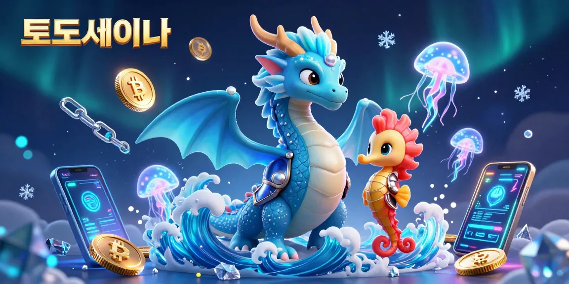 Experience the thrill of 토토사이트 gaming amidst a majestic ocean scene featuring a vibrant water dragon and crypto elements.