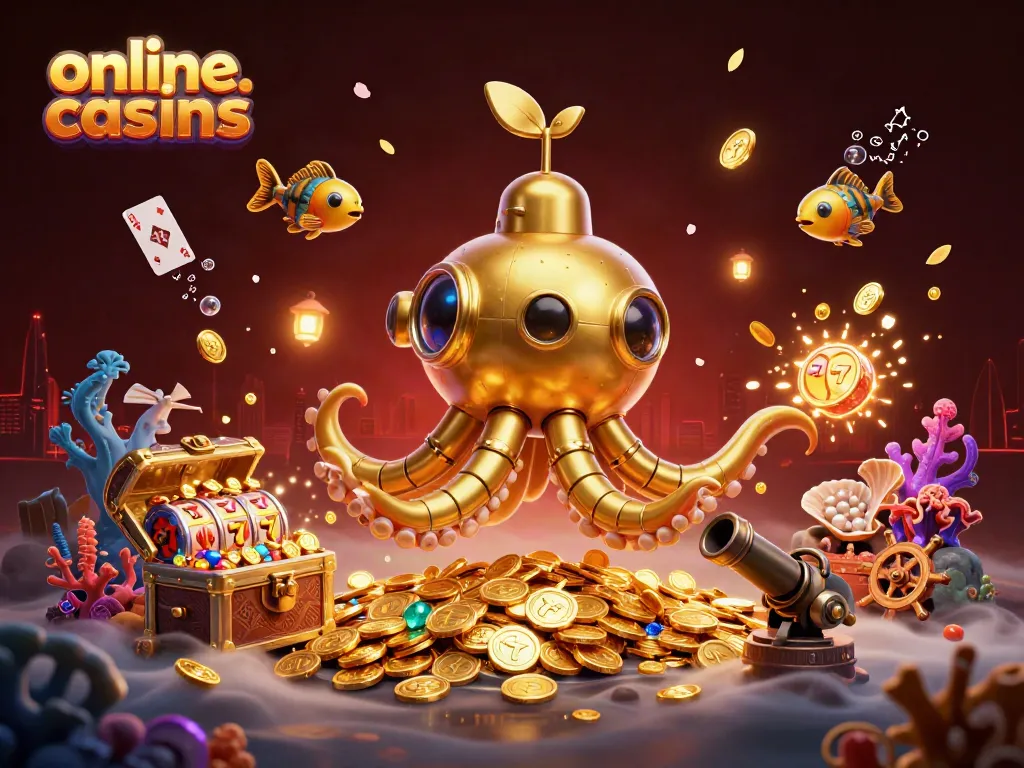 Engaging scene showcasing vibrant online casinos elements with a golden kraken and mechanical fish in a sea of coins