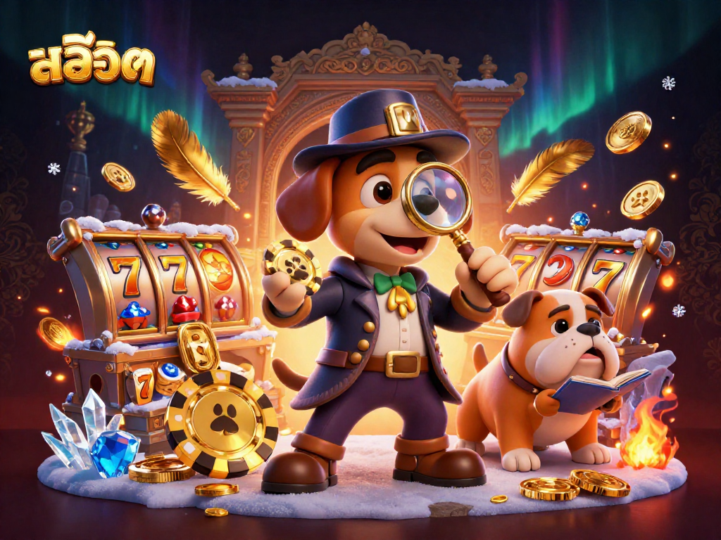 Engage in thrilling สล็อต adventures with a detective exploring clues amidst vibrant casino elements.