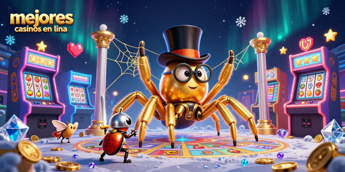 Ilustración 3D detallada sobre los mejores casinos en línea, con personajes de casino y símbolos de tragamonedas.