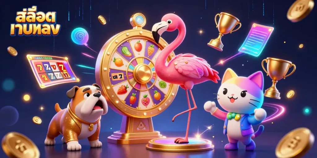 Spin the giant prize wheel in an exciting 3D illustration showcasing สล็อตเว็บตรง themes and vibrant casino elements.