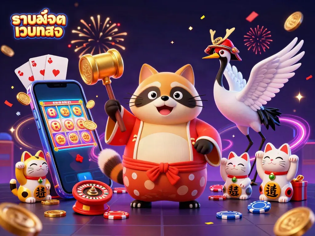 Experience the excitement of รวมสล็อตเว็บตรง with lively tanuki and maneki-neko surrounded by thrilling slot game elements.