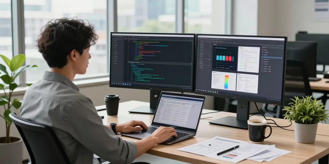 Efficient workspace showing a developer using截图工具 for coding and design tasks with dual monitors and bright natural light.
