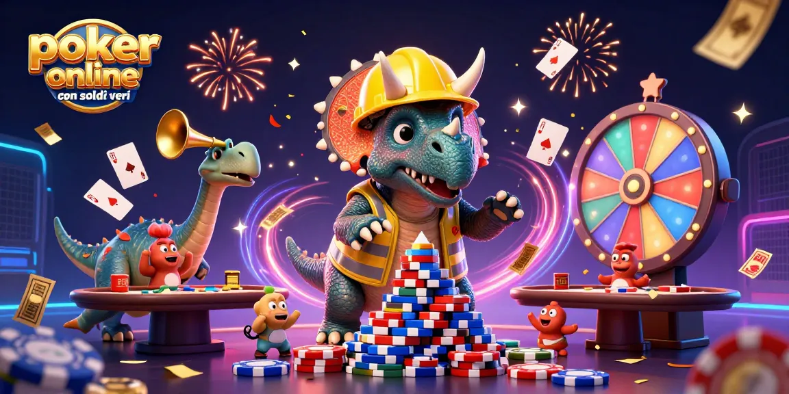 Gioca a poker online con soldi veri con un triceratopo, festeggiato da compys, tra gettoni e tavoli da poker.