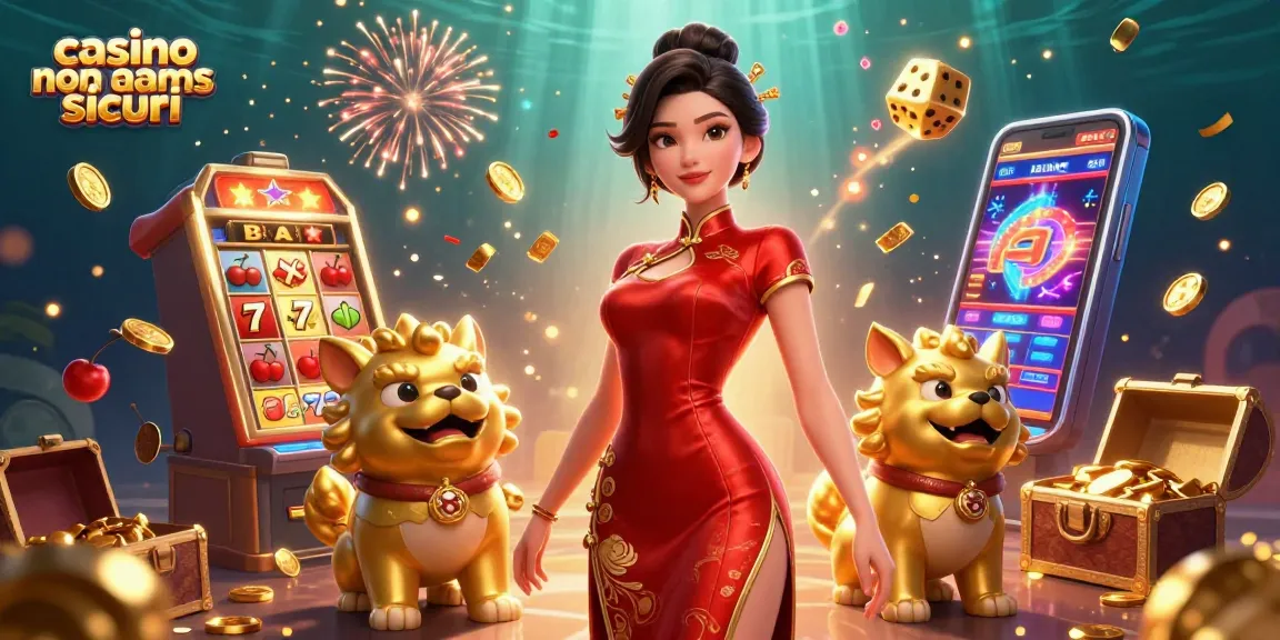 Vivi l'emozione con i casinò non AAMS sicuri mentre una donna glamour festeggia tra vivaci elementi di casinò.