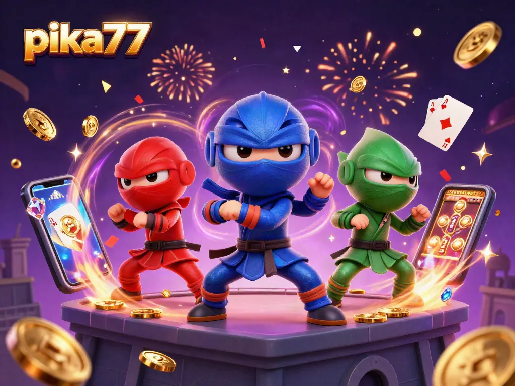 Pika77 showcases a vibrant chameleon team in dynamic poses surrounded by casino elements, embodying a thrilling gaming experience.