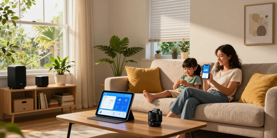 IKEA smart home devices enhancing a stylish family living room with smart lighting and automated blinds