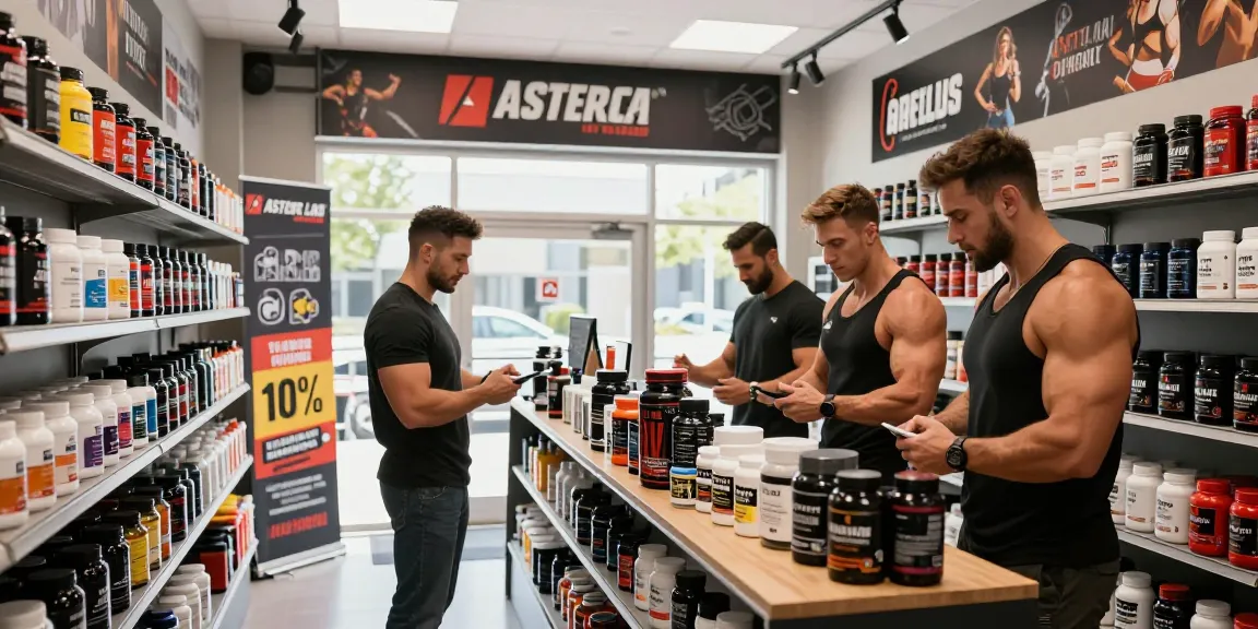 Astera Steroids Shop featuring athletes exploring quality products in a vibrant fitness store.